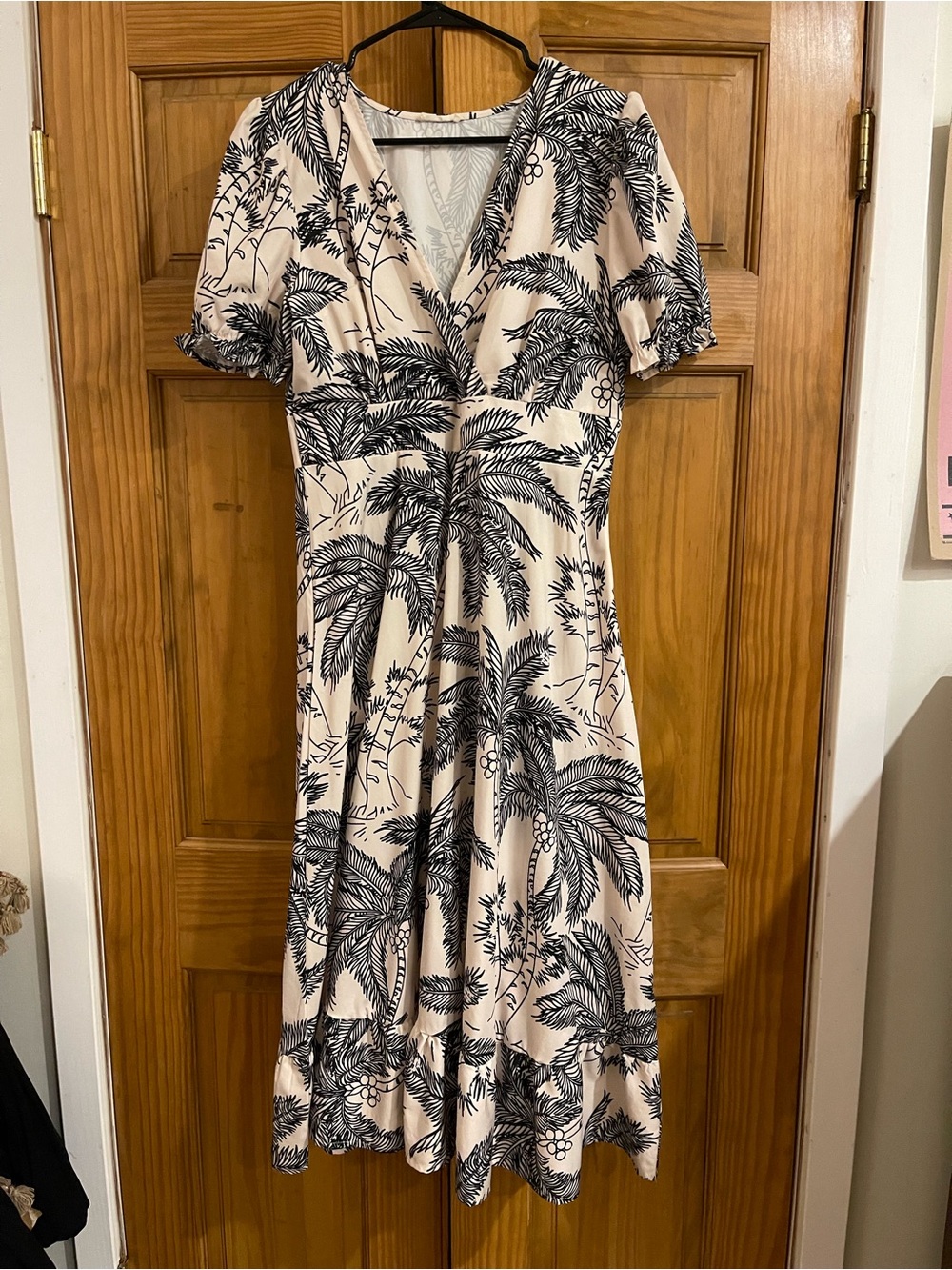 Beige and Black Palm-Print V-Neck Midi Dress